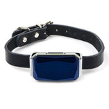 Black leather dog collar with a blue gemstone buckle on a white background