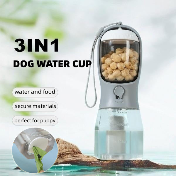“3-in-1 Portable Pet Water & Food Cup with Waste Bag Dispenser – Multi-Functional Travel Bottle for Dogs & Cats”