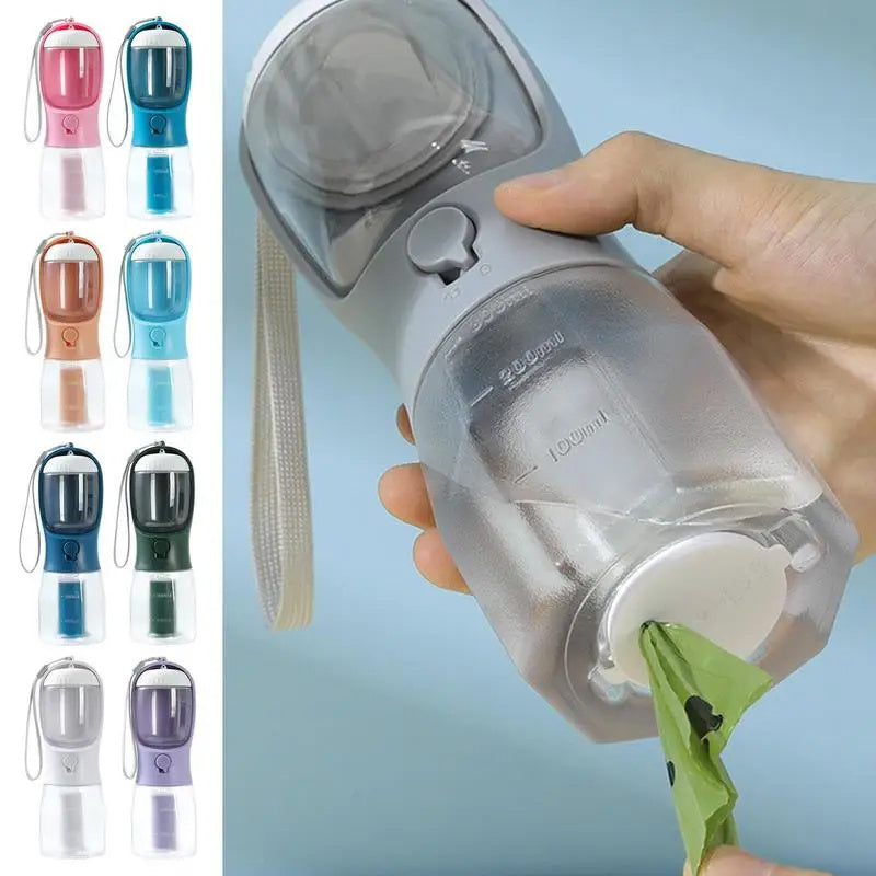 “3-in-1 Portable Pet Water & Food Cup with Waste Bag Dispenser – Multi-Functional Travel Bottle for Dogs & Cats”