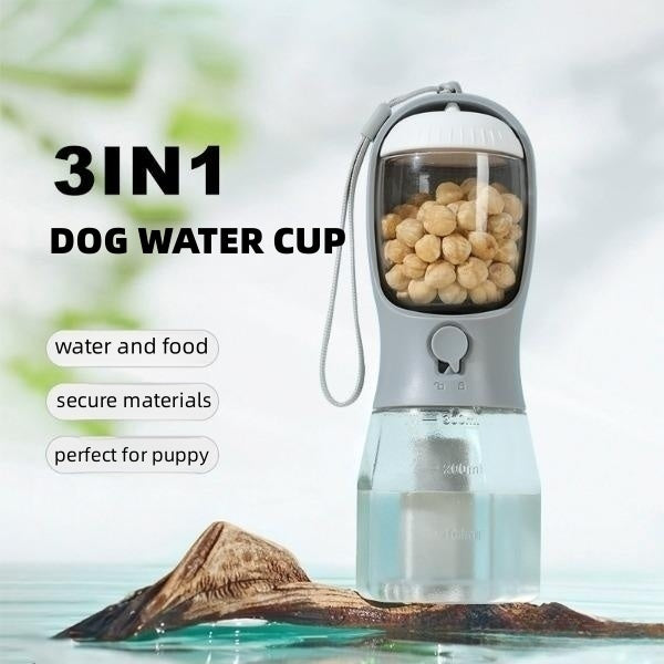 “3-in-1 Portable Pet Water & Food Cup with Waste Bag Dispenser – Multi-Functional Travel Bottle for Dogs & Cats”